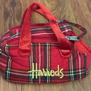 Harrods red plaid with gold embroidery mini play pet carrier plush